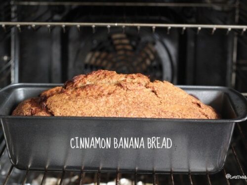 Cinnamon-infused banana bread baking in the oven.