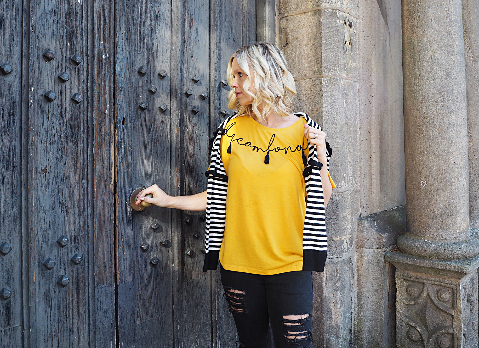 Matalan fashion Black and White Stripe Knitwear and Mustard "dream long" tshirt top 