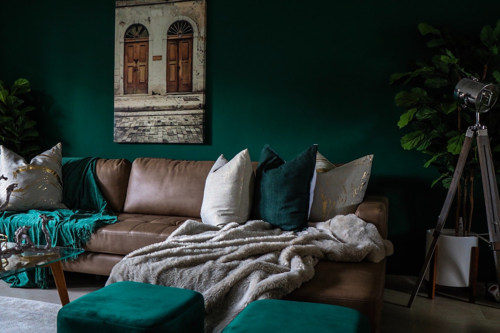 Emerald green living room interior 