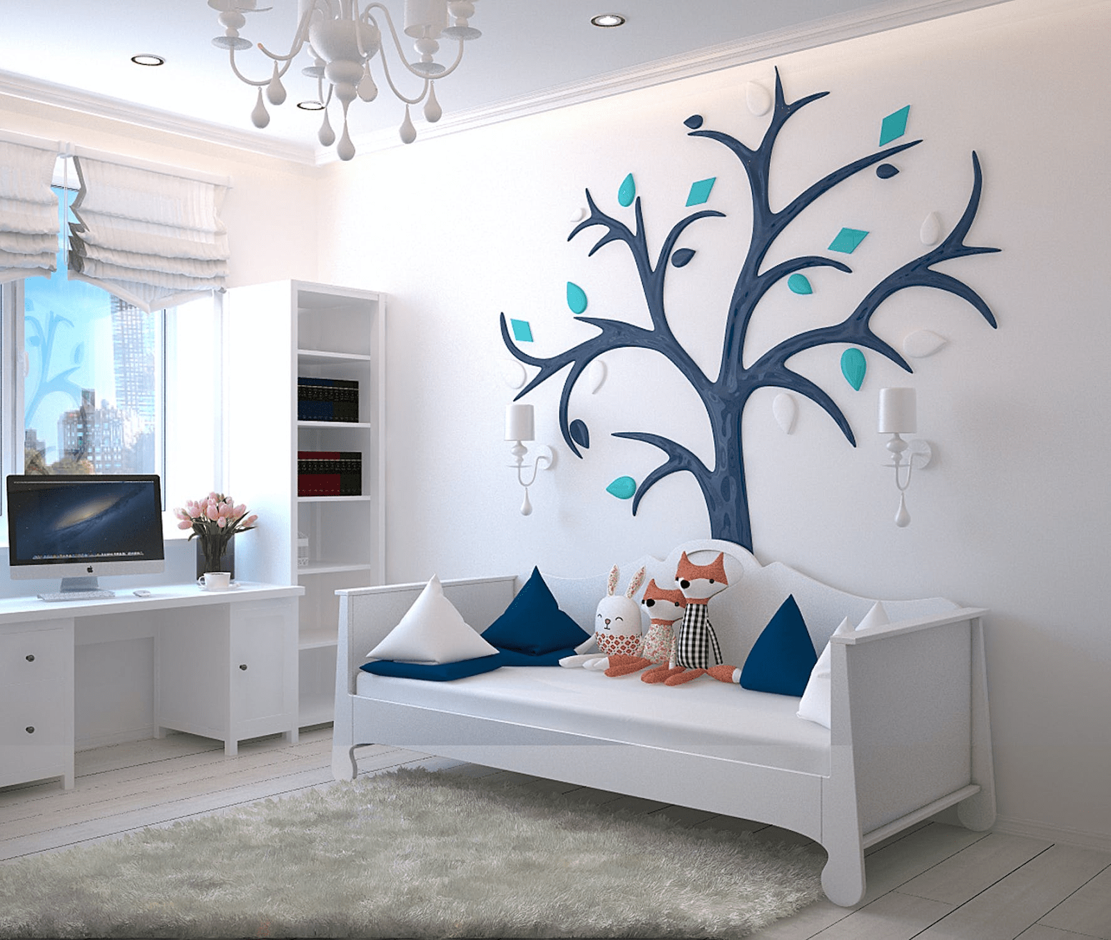 A child's bedroom with a tree painted onto the wall. The decor is navy and white and there are stuffed toys on the bed