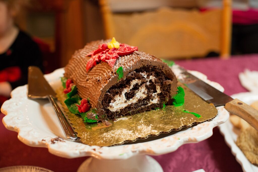 A chocolate yule log filled with cream