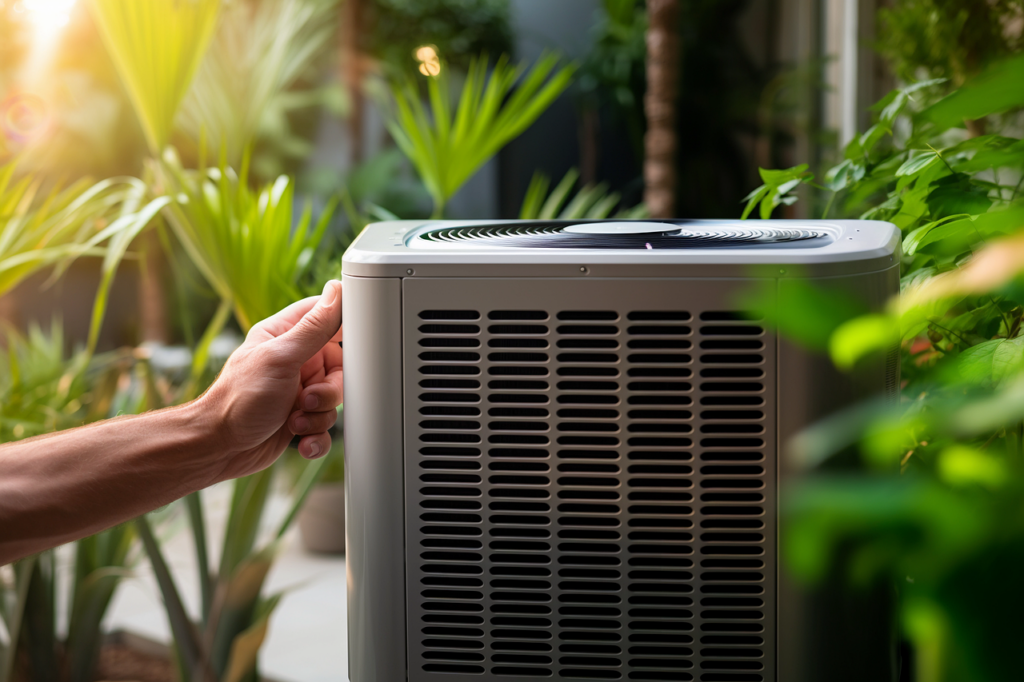 A person choosing a commercial HVAC system while standing in front of plants.