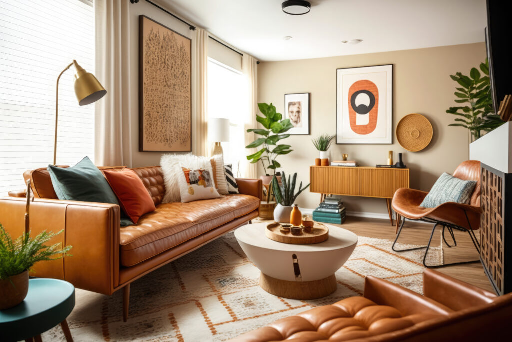 A living room with brown leather furniture and a coffee table.