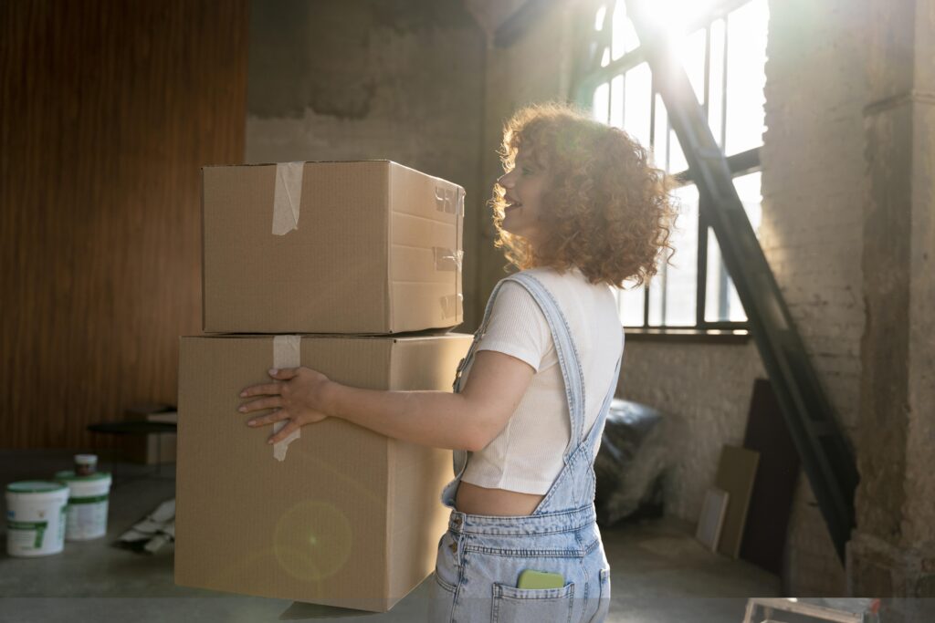 A woman securely carrying boxes in a warehouse to keep items safe.