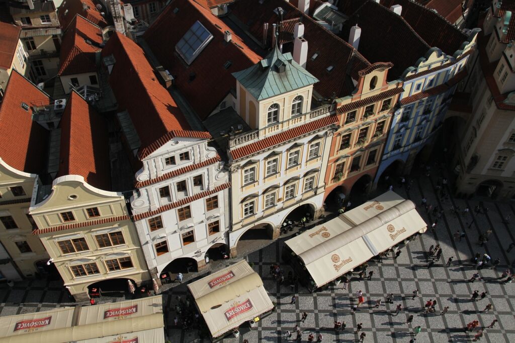 An aerial view of a square in Prague, Czech Republic.