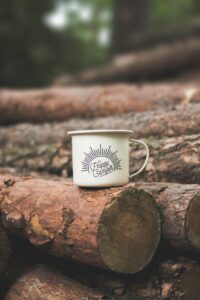 camping cup on logs in a forest